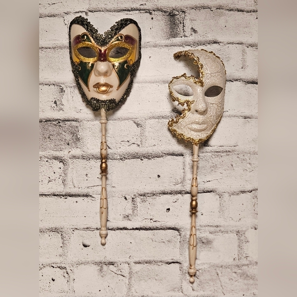 Vintage Venetian Wall Masks on Handles – Harlequin & Crackle Gold Pair
